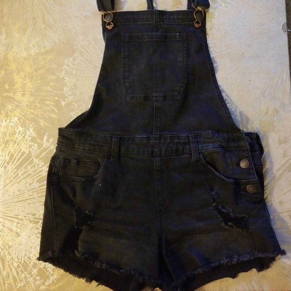 Black denim short overalls